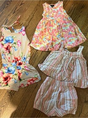 Mixed Girls Summer Set - Floral Romper, Watercolor Dress & Striped Shorts